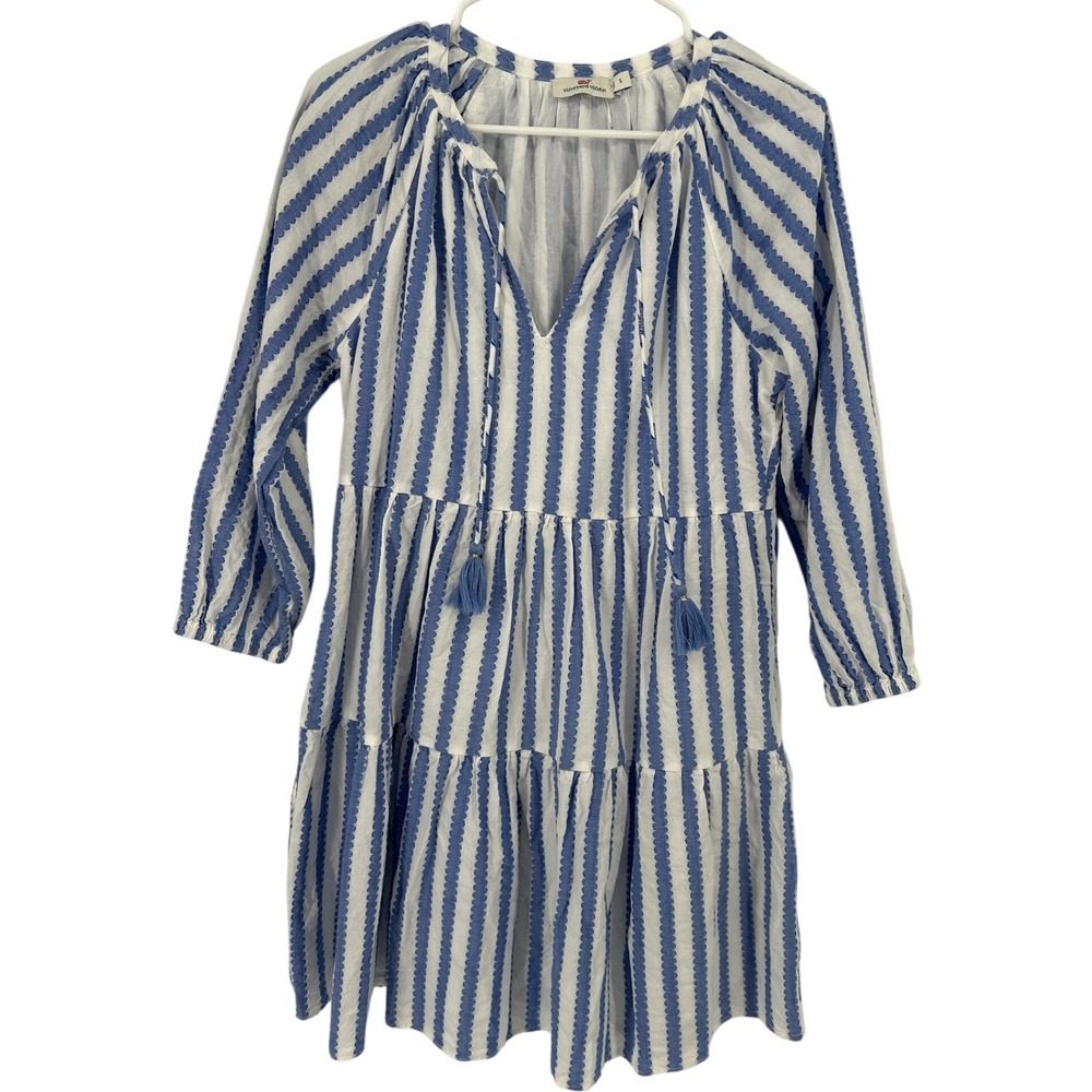 Vineyard Vines Womens Jacquard Blue White Stripe Tiered Midi Dress Size S